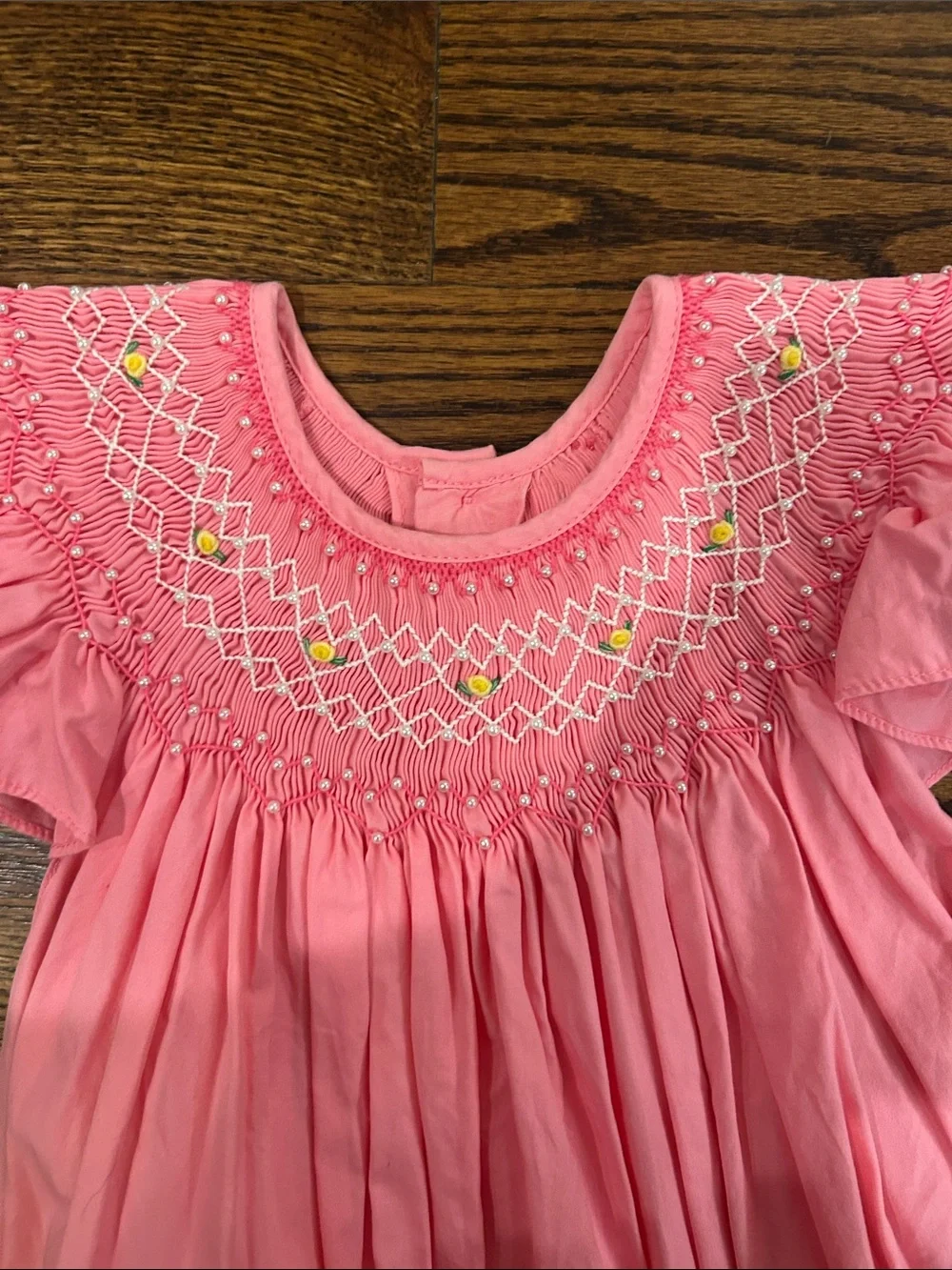 Girls' Pink Smocked Flutter Sleeve Formal Dress